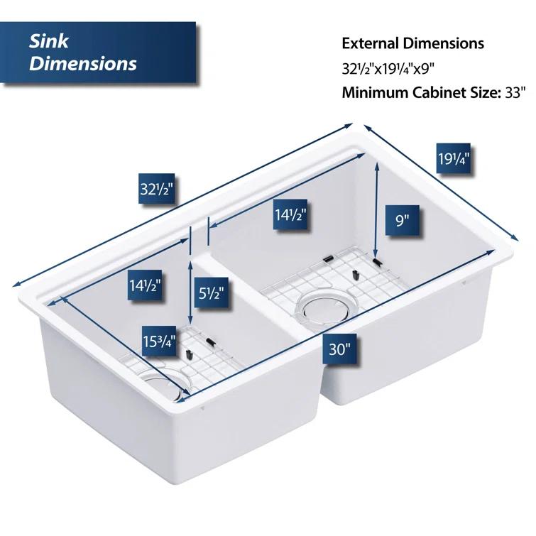Quartz Undermount Sinks 32.5'' L Undermount Double Bowl Kitchen Sink
