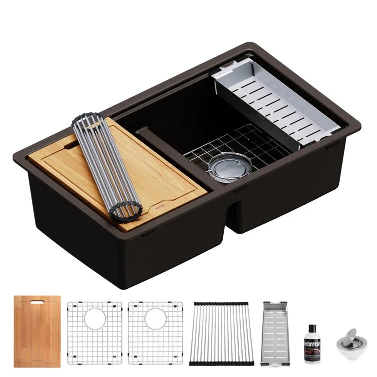Quartz Undermount Sinks 32.5'' L Undermount Double Bowl Kitchen Sink