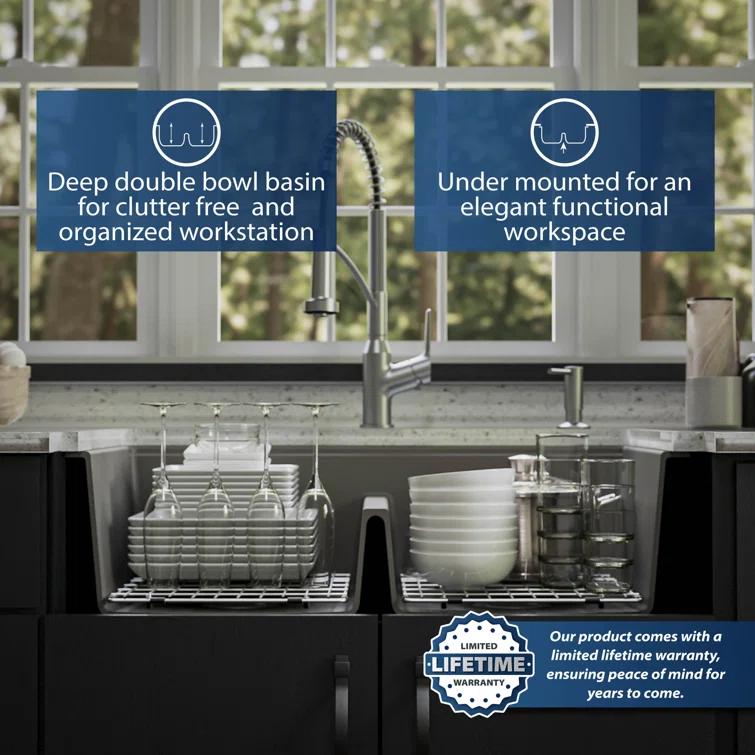 Quartz Undermount Sinks 32.5'' L Undermount Double Bowl Kitchen Sink