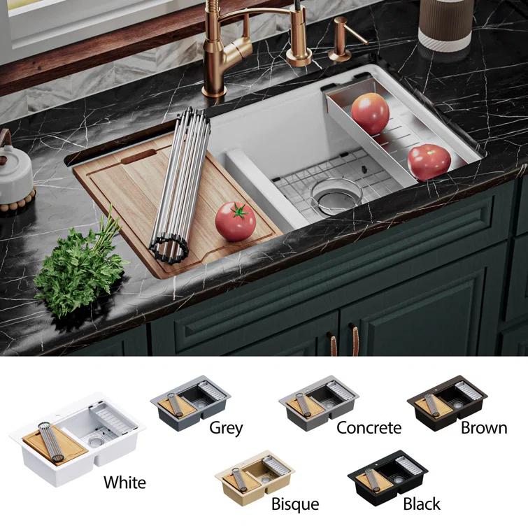 Quartz Undermount Sinks 32.5'' L Undermount Double Bowl Kitchen Sink