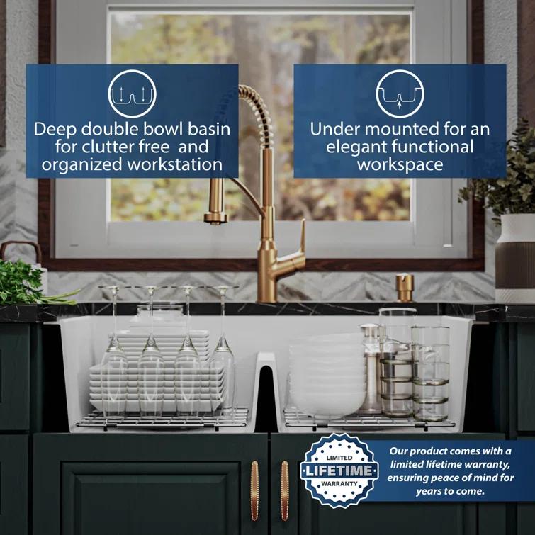 Quartz Undermount Sinks 32.5'' L Undermount Double Bowl Kitchen Sink