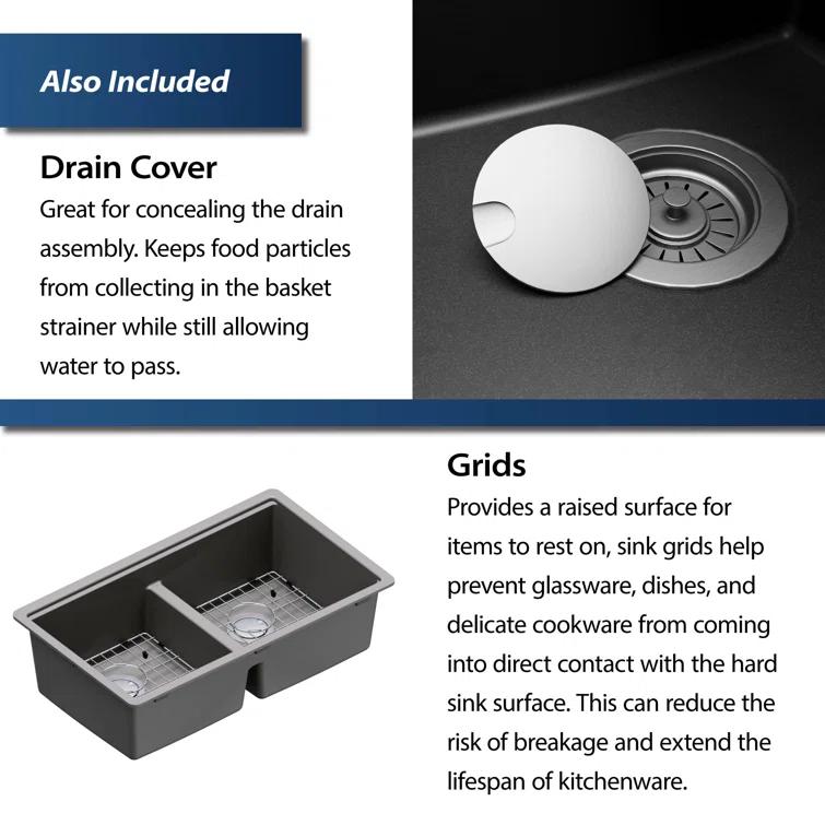 Quartz Undermount Sinks 32.5'' L Undermount Double Bowl Kitchen Sink
