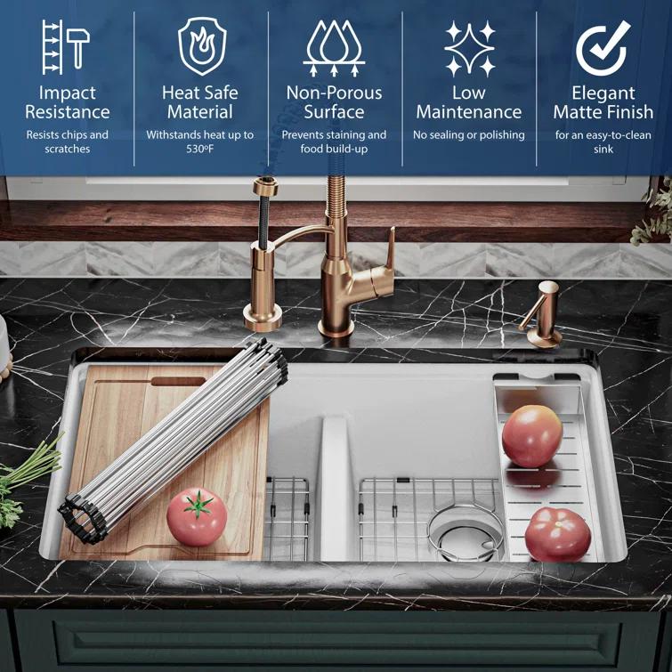Quartz Undermount Sinks 32.5'' L Undermount Double Bowl Kitchen Sink