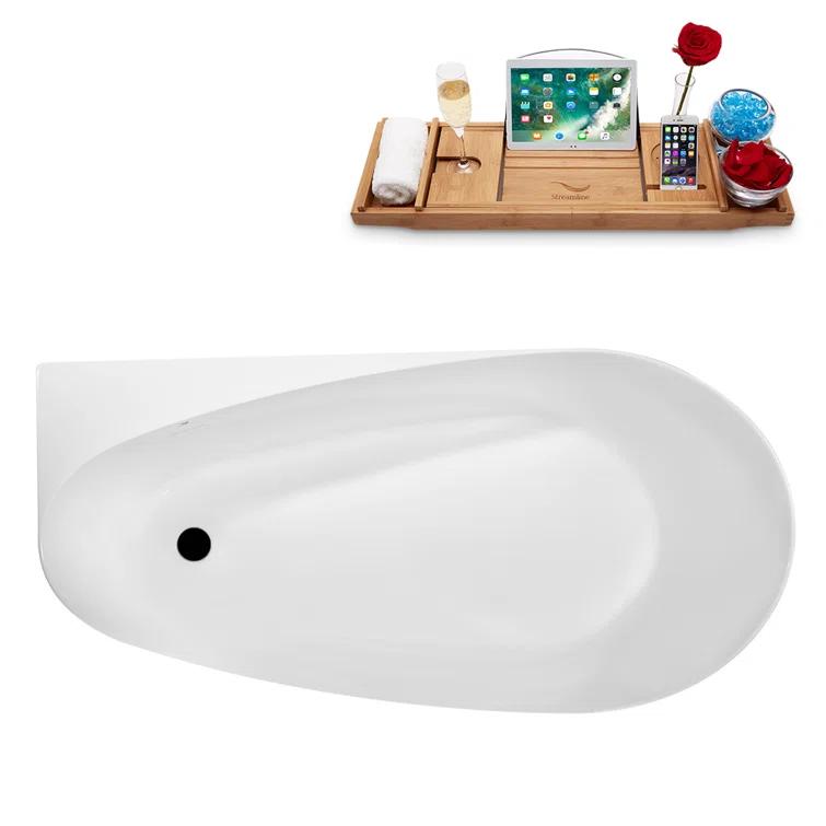 Streamline Bath 59" Streamline Freestanding Soaking Acrylic Bathtub With Drain and Bamboo Tray N2080BL