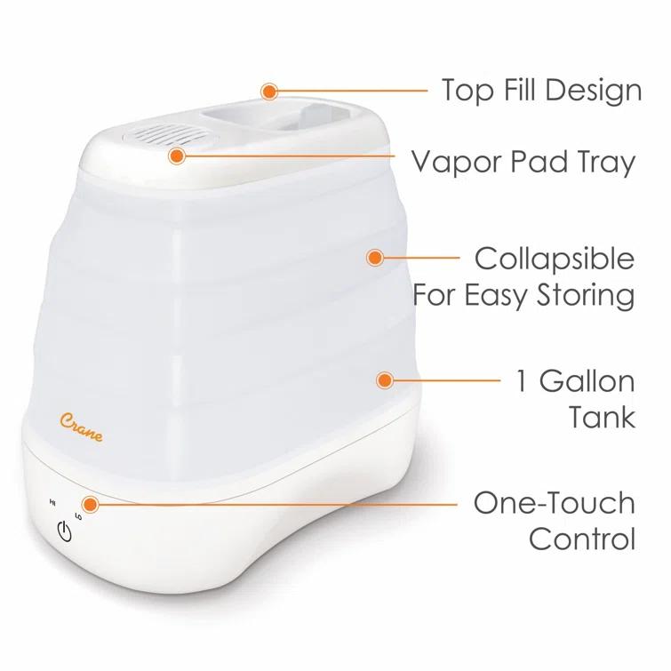 Crane USA 1 Gal. Warm Mist Collapsible Humidifier, White, Top Fill, for Medium Rooms Up to 500 sq. ft.