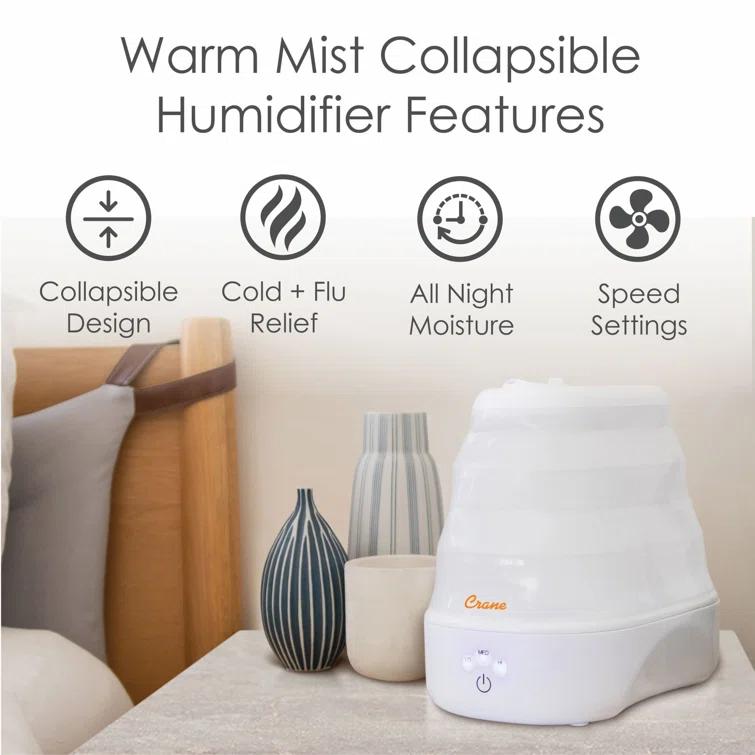Crane USA 1 Gal. Warm Mist Collapsible Humidifier, White, Top Fill, for Medium Rooms Up to 500 sq. ft.