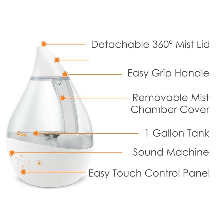 Crane USA Drop 2.0 , 4-in-1 Cool-Mist Humidifier with Aroma Tray & Sound Machine