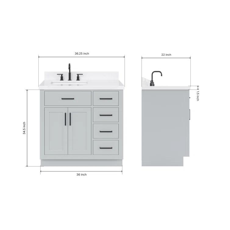 Thornaby 36'' Solid Wood Single Bathroom Vanity with 1.5'' Carrara Quartz Top, Left Offset Oval Sink