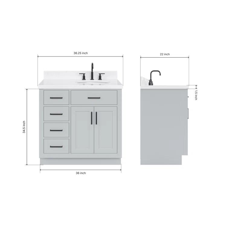 Thornaby 36'' Solid Wood Single Bathroom Vanity with 1.5'' Carrara Quartz Top, Left Offset Oval Sink