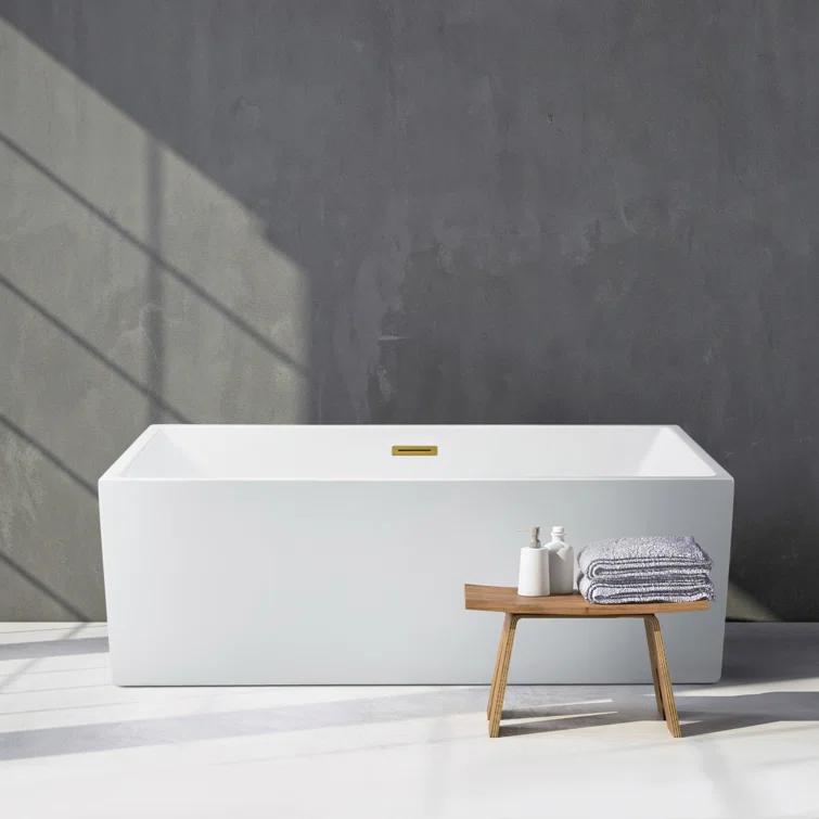58" Streamline Freestanding Soaking Acrylic Bathtub With Drain and Bamboo Tray
