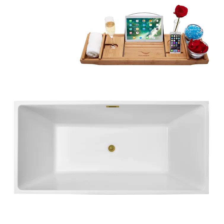 58" Streamline Freestanding Soaking Acrylic Bathtub With Drain and Bamboo Tray