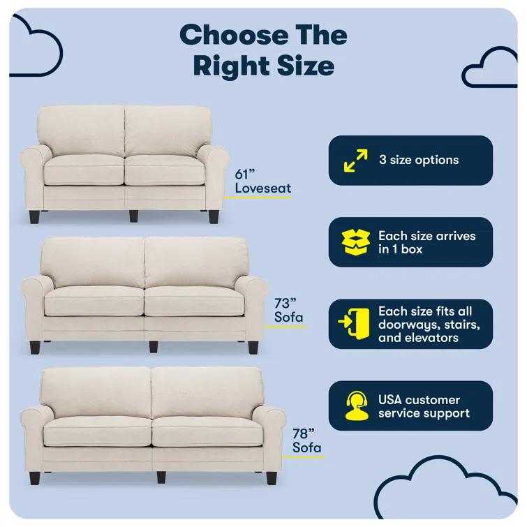 Serta Copenhagen 61" Rolled Arm Sofa, Easy Care Fabric, Soft Pillow Back, Pocket Coil Seat Cushions