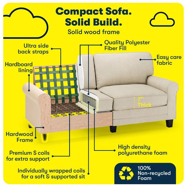 Serta Copenhagen 73" Rolled Arm Sofa, Easy Care Fabric, Soft Pillow Back, Pocket Coil Seat Cushions