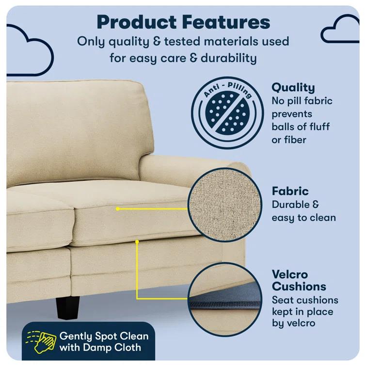 Serta Copenhagen 73" Rolled Arm Sofa, Easy Care Fabric, Soft Pillow Back, Pocket Coil Seat Cushions