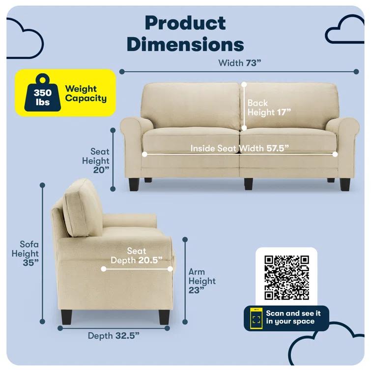 Serta Copenhagen 73" Rolled Arm Sofa, Easy Care Fabric, Soft Pillow Back, Pocket Coil Seat Cushions
