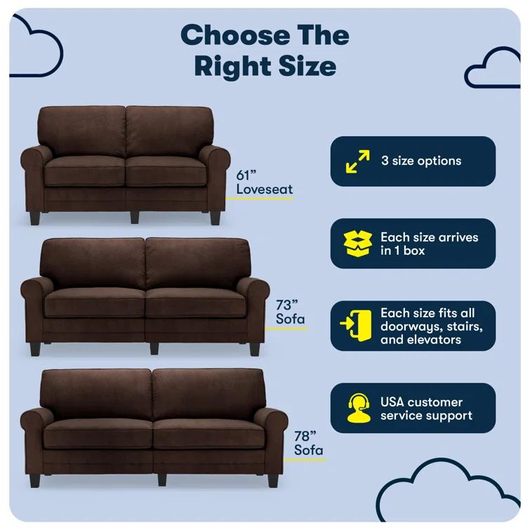 Serta Copenhagen 78" Rolled Arm Sofa, Easy Care Fabric, Soft Pillow Back, Pocket Coil Seat Cushions