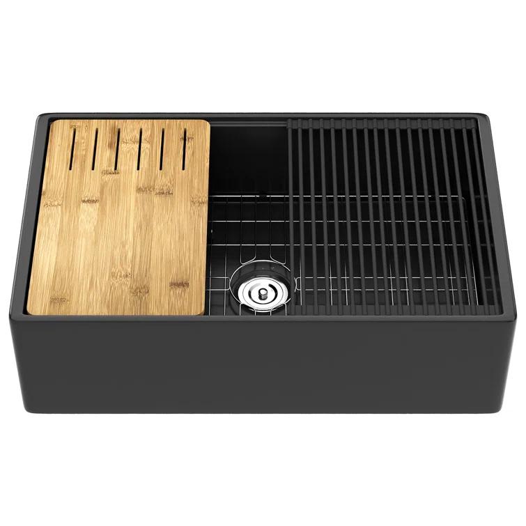 33"L x 20"W Farmhouse Kitchen Sink Deep Single Bowl Fireclay Workstation Sink with Cutting Board and Dish Drying Rack