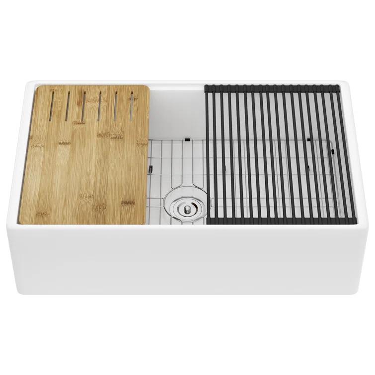 33"L x 20"W Farmhouse Kitchen Sink Deep Single Bowl Fireclay Workstation Sink with Cutting Board and Dish Drying Rack