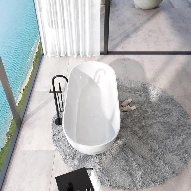 59" x 30" Freestanding Soaking Solid Surface Bathtub Stone Resin Bath Tub with Overflow and Pop-up Drain for Contemporary Bathroom, Glossy/Matte White