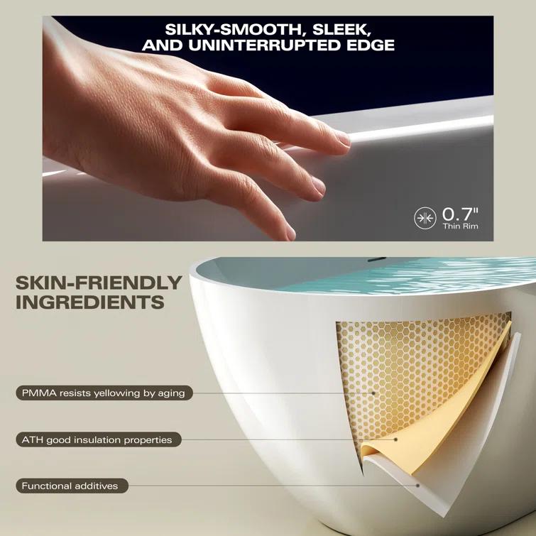59" x 30" Freestanding Soaking Solid Surface Bathtub Stone Resin Bath Tub with Overflow and Pop-up Drain for Contemporary Bathroom, Glossy/Matte White