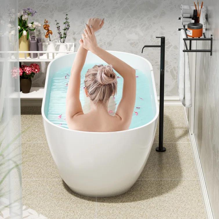 59" x 30" Freestanding Soaking Solid Surface Bathtub Stone Resin Bath Tub with Overflow and Pop-up Drain for Contemporary Bathroom, Glossy/Matte White