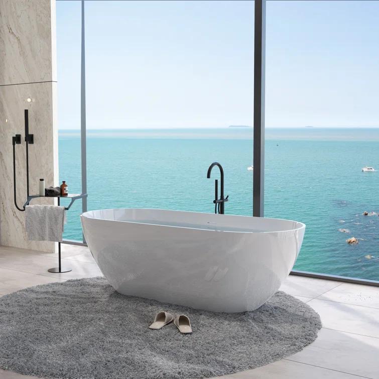 59" x 30" Freestanding Soaking Solid Surface Bathtub Stone Resin Bath Tub with Overflow and Pop-up Drain for Contemporary Bathroom, Glossy/Matte White