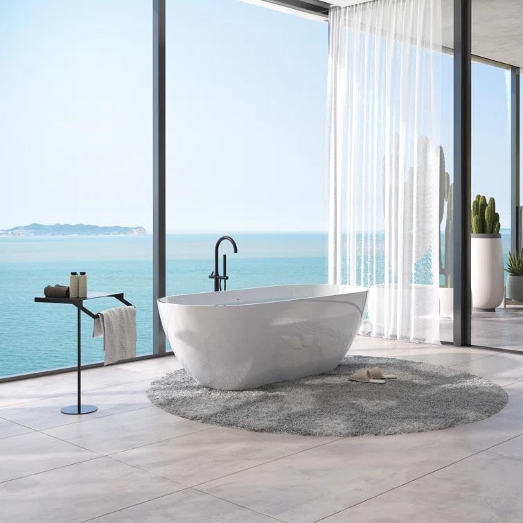 59" x 30" Freestanding Soaking Solid Surface Bathtub Stone Resin Bath Tub with Overflow and Pop-up Drain for Contemporary Bathroom, Glossy/Matte White