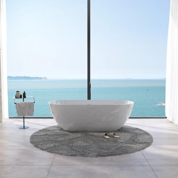 59" x 30" Freestanding Soaking Solid Surface Bathtub Stone Resin Bath Tub with Overflow and Pop-up Drain for Contemporary Bathroom, Glossy/Matte White