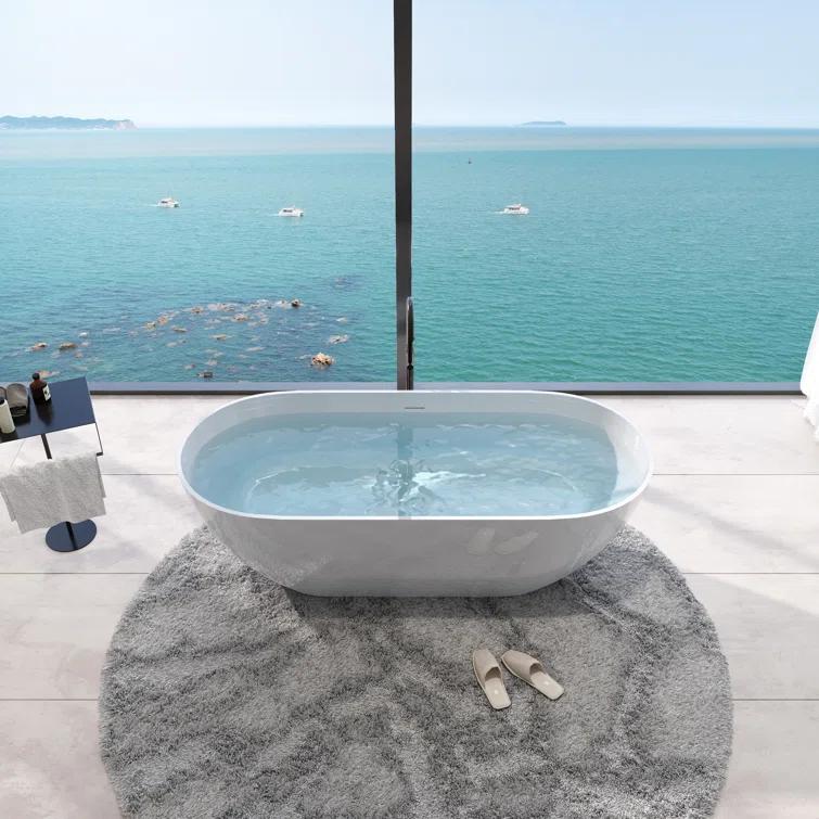 59" x 30" Freestanding Soaking Solid Surface Bathtub Stone Resin Bath Tub with Overflow and Pop-up Drain for Contemporary Bathroom, Glossy/Matte White