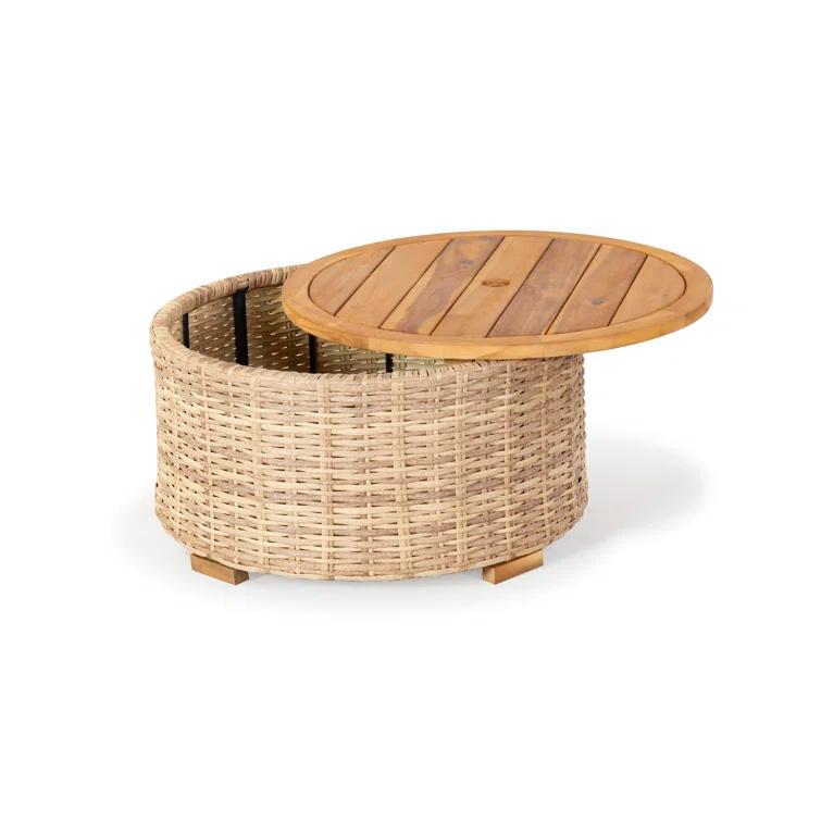 SAFAVIEH Couture Anguilla Outdoor Patio Round Wicker Coffee Table with Storage, Natural