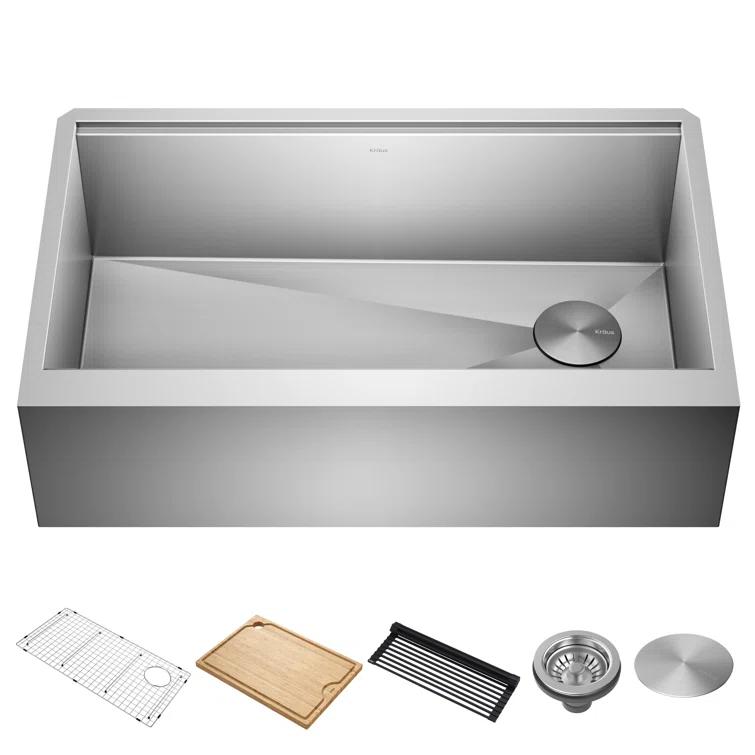KRAUS® Kore Modern Farmhouse Workstation 16 Gauge Single Bowl Stainless Steel Kitchen Sink with Accessories