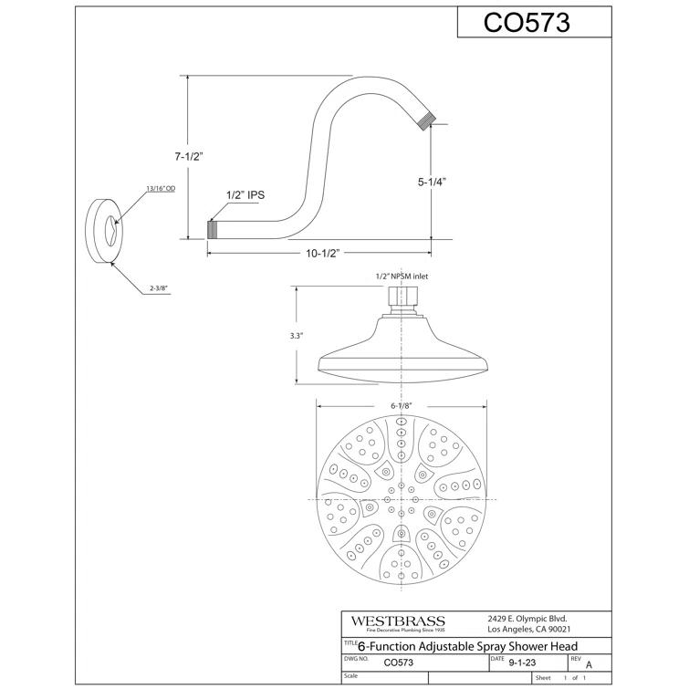 6" Round Thin 5-Function Adjustable Spray Shower Head with 8" S-Shaped Wall Mount Arm