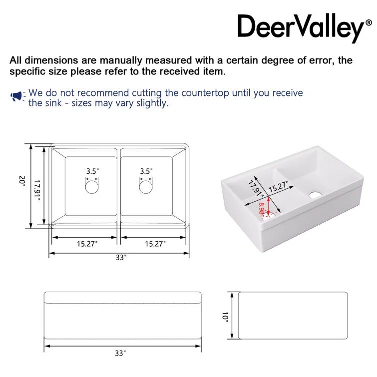 33" L X 20" W White Fireclay Double Bowl Workstation Farmhouse Kitchen Sink with Cutting Board And Dish-Drying Rack