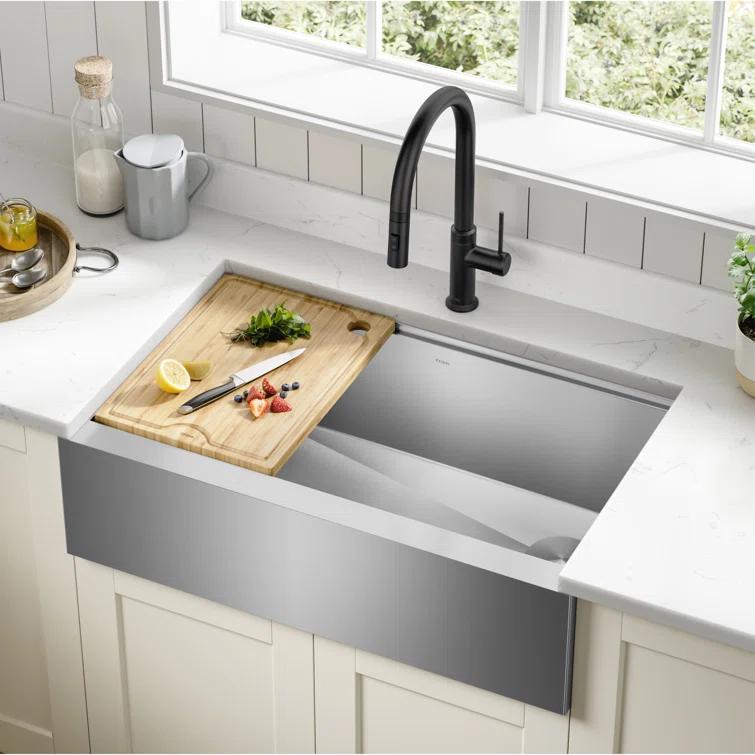 KRAUS® Kore Modern Farmhouse Workstation 16 Gauge Single Bowl Stainless Steel Kitchen Sink with Accessories