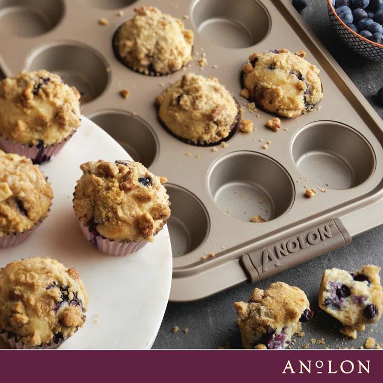 Anolon Anolon Advanced Bakeware 12-Cup Nonstick Muffin Pan with Silicone Grips and Lid, Bronze