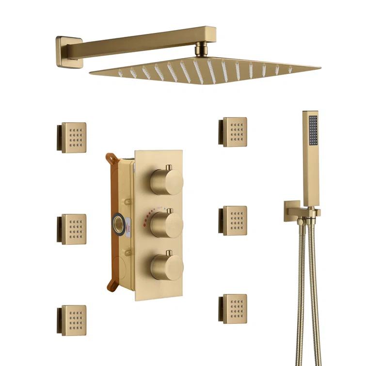 CASAINC M6001-A-12-BG Revitalize 12 Inch Luxury Thermostatic Complete Shower System with Rough-in Valve