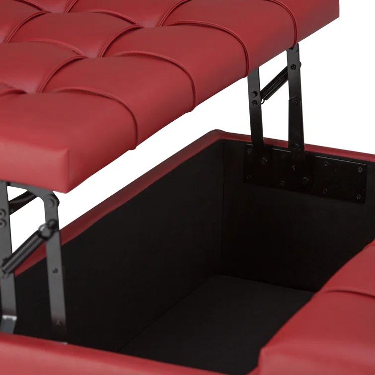 Simpli Home Harrison 36"W Upholstered Square Coffee Table Storage Ottoman with Split Lift Top