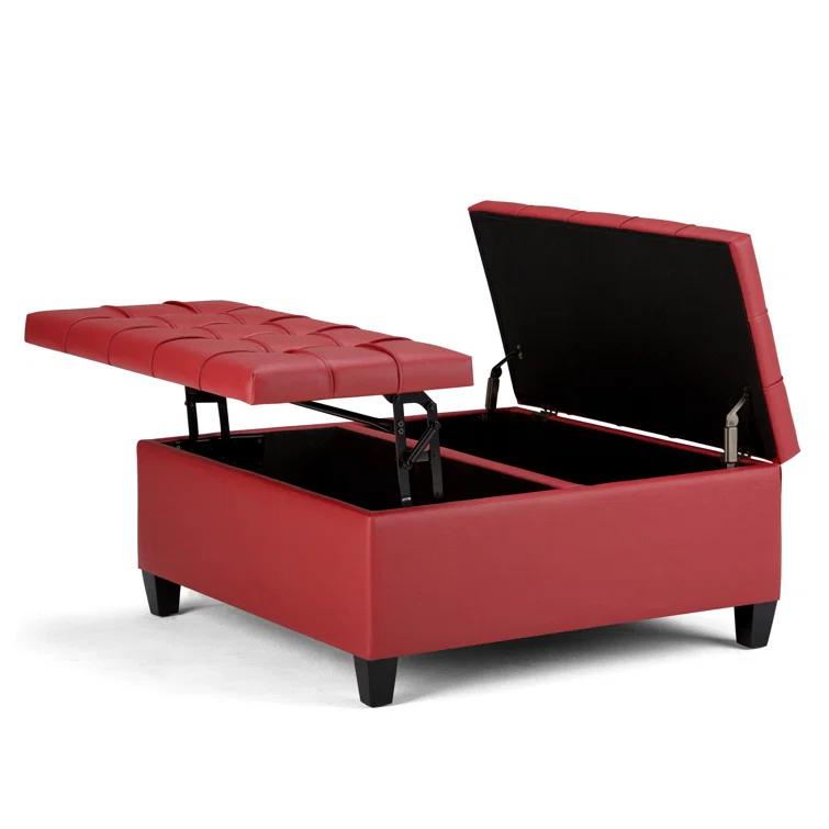 Simpli Home Harrison 36"W Upholstered Square Coffee Table Storage Ottoman with Split Lift Top