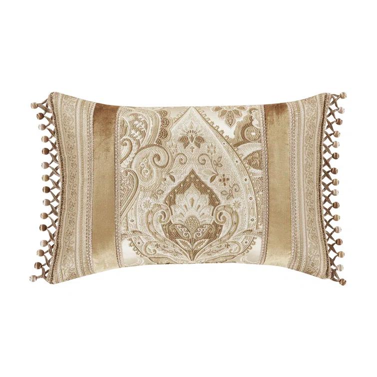 Beige and Brown Embroidered Velvet Rectangle Throw Pillow