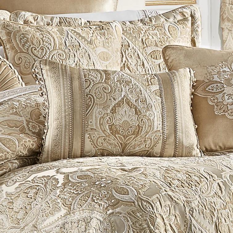 Beige and Brown Embroidered Velvet Rectangle Throw Pillow