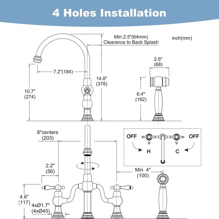 ARCORA Double-Handle High-Arc Widespread Deck Mounted Bridge Kitchen Faucet With Side Spray