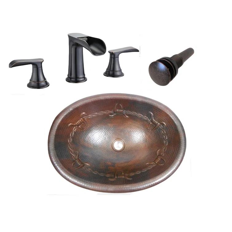 19'' Copper Oval Bathroom Sink Barbed Wire Design with Faucet & Drain