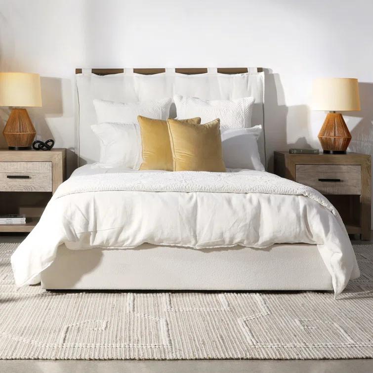 Isaiah Queen White Upholstered Pine Bed with Headboard