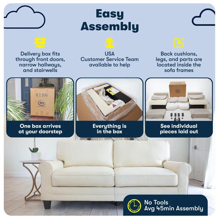 Serta Copenhagen 73" Rolled Arm Sofa, Easy Care Fabric, Soft Pillow Back, Pocket Coil Seat Cushions