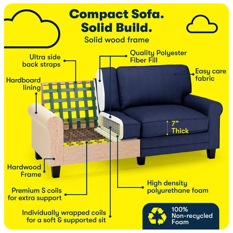 Serta Copenhagen 73" Rolled Arm Sofa, Easy Care Fabric, Soft Pillow Back, Pocket Coil Seat Cushions
