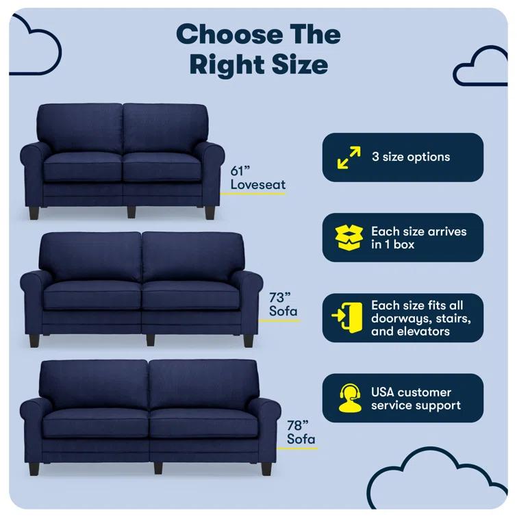 Serta Copenhagen 73" Rolled Arm Sofa, Easy Care Fabric, Soft Pillow Back, Pocket Coil Seat Cushions