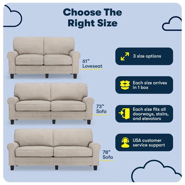 Serta Copenhagen 73" Rolled Arm Sofa, Easy Care Fabric, Soft Pillow Back, Pocket Coil Seat Cushions