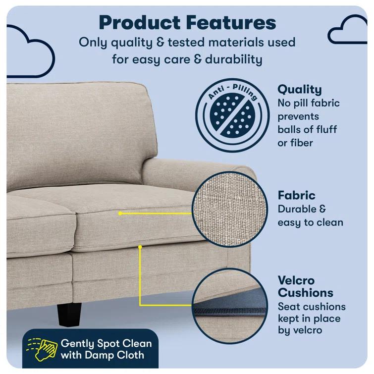 Serta Copenhagen 73" Rolled Arm Sofa, Easy Care Fabric, Soft Pillow Back, Pocket Coil Seat Cushions