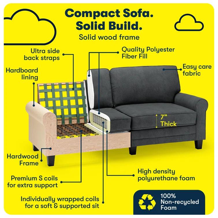 Serta Copenhagen 78" Rolled Arm Sofa, Easy Care Fabric, Soft Pillow Back, Pocket Coil Seat Cushions