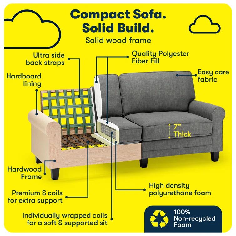 Serta Copenhagen 78" Rolled Arm Sofa, Easy Care Fabric, Soft Pillow Back, Pocket Coil Seat Cushions